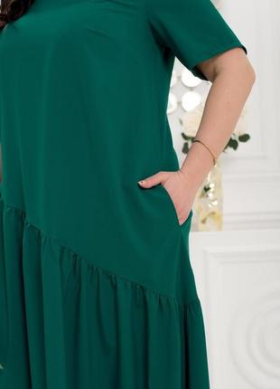 Плаття жіноче довге максі з коротким рукавом норма батал великі розміри однотонне зелене3 фото