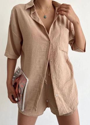 Костюм рубашка шорты качественный базовый бежевый черный белый розовый трендовый...
