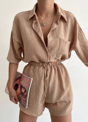 Костюм рубашка шорты качественный базовый бежевый черный белый розовый трендовый...