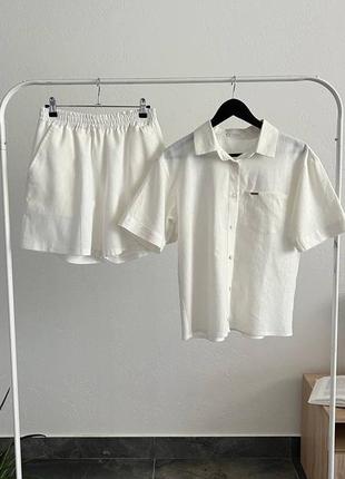 Льняной костюм simple (шорты на резинке и рубашка с коротким рукавом)3 фото
