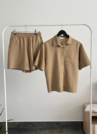 Льняной костюм simple (шорты на резинке и рубашка с коротким рукавом)3 фото
