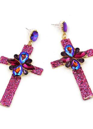 Сережки-гвоздики женские кресты розовые5 фото