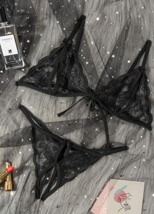Жіночий мереживний комплект білизни чорного кольору2 фото