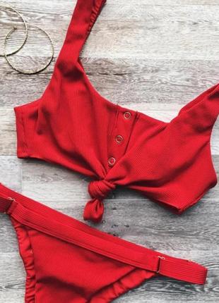 Купальник жіночий роздільний тканинний рубчик із застібками на грудях червоний розмір м6 фото