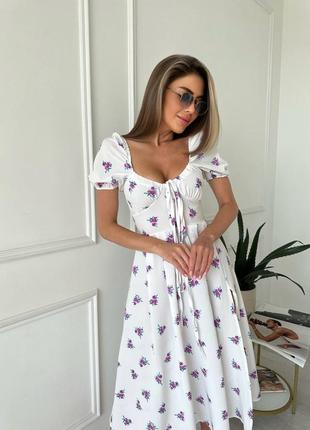 Платье миди декольте на резинке лиф присобран рукав фонарик по спинке молния юбка в складочку с разрезом ткань софт