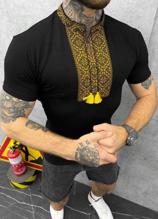 🔴 мужская вышиванка вышиванная футболка рубашка вышивка черная с желтым1 фото