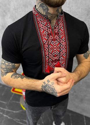 🔴 мужская вышиванка вышитая вышитая футболка черная с красным1 фото