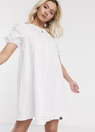 Белое бавовняне плаття міні у формі трапеції з рюшами на рукавах asos design