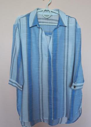 Белая в голубо-серую полоску блузка, легкая хлопковая блуза, полосканая блузка 48-50 г.