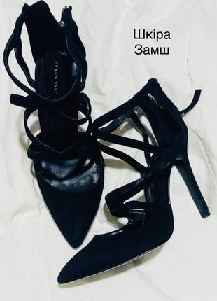Босаножки черные женские замшевые ремешки на шпильке zara-35p1 фото