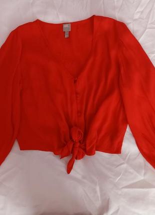 Блуза красная вискоза объемные рукава рубашка женская1 фото