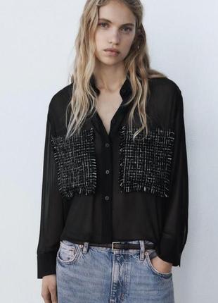 Zara рубашка  контрастная полупрозрачная и твидовая1 фото