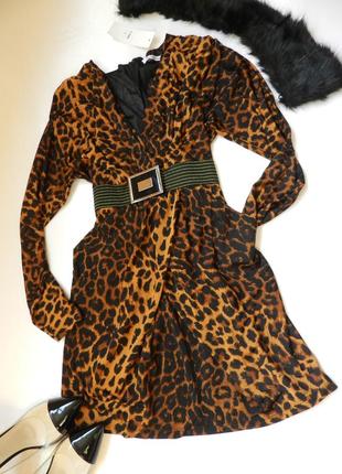 ⛔☑красивенное платье принт леопард с поясом  размер м и л воротник  мех съёмный7 фото