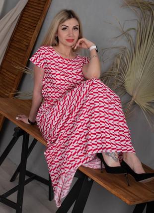 Літнє плаття в підлогу з короткими рукавами червоне з поясом3 фото