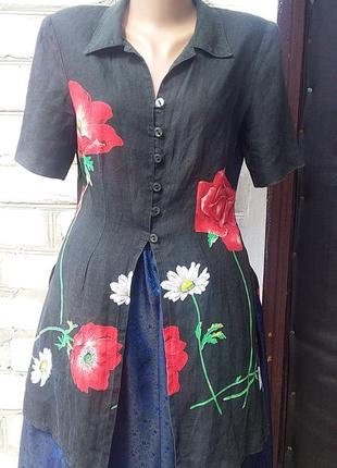 Льняная легкая удлиненная блуза туника разрезы маки ромашки этно ретро рубашка2 фото