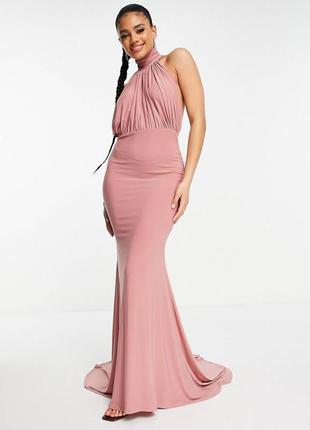Пудровое розовое платье макси с открытой спиной и вырезом на щиколотке club l london5 фото