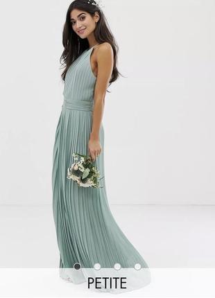 Эксклюзивное серовато-зеленое плиссированное платье макси для подружки невесты с высоким воротником tfnc81 101 фото