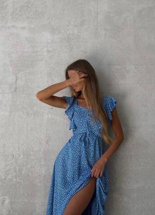 Сукня жіноча довга міді нарядна святкова повсякденна літня легка на літо базовв синя блакитна біла бежева в горошок8 фото