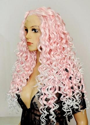 Перука на сітці lace wig рожевий довгий кучерявий термостійкий /перука на сітці рожева довга кучерява4 фото