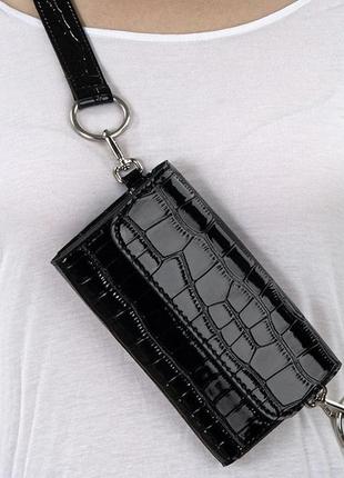 Женская классическая поясная сумка t-092 кросс-боди клатч через плечо рептилия крокодил черная3 фото