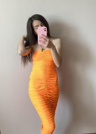 Неонова помаранчева сукня резинка міді xs-s2 фото