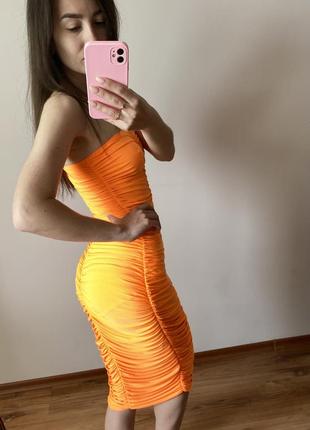 Неонова помаранчева сукня резинка міді xs-s4 фото