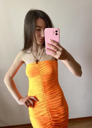 Неонова помаранчева сукня резинка міді xs-s3 фото
