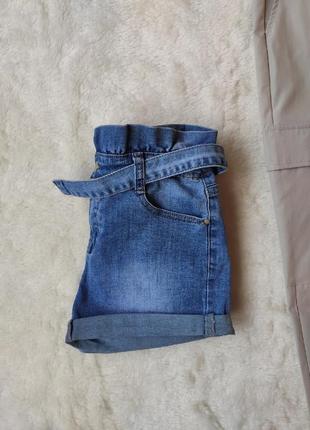 Синие голубые джинсовые шорты с поясом высокая талия на резинке подворотами для девочки5 фото