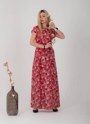 Повседневное женское платье макси в красном цвете с короткими рукавами7 фото