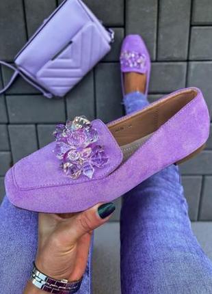 Женские балетки мокасины замшевые сиреневые италия с камнями сваровски 37-38