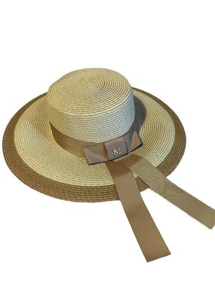 Шляпа солнцезащитная парижанка бежевая с коричневой лентой (55-59)1 фото