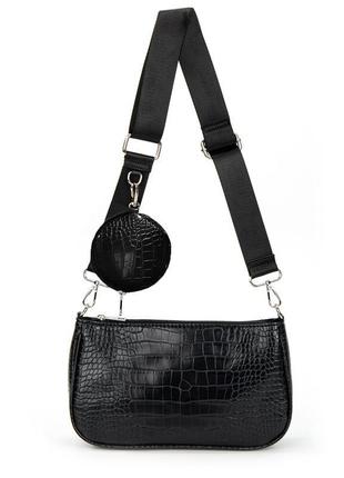 Женская классическая сумка багет с кошельком рептилия t-132 черная