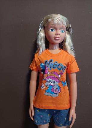 Детский костюм для девочки мяу турция туника+шорты 1-4 года хлопок розовый и оранжевый2 фото