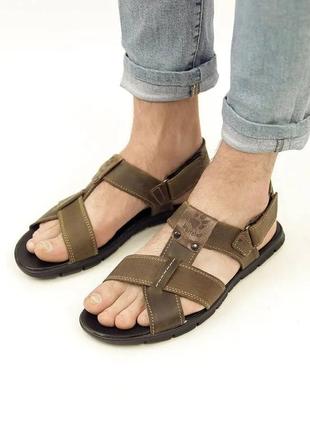 Стильні оливкові чоловічі сандалі/босоніжки  коричневі шкіряні/шкіра  - чоловіче взуття на літо
