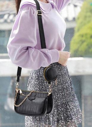 Женская мини сумочка клатч с цепочкой в стиле рептилия. маленькая сумка с ключницей брелок черный3 фото