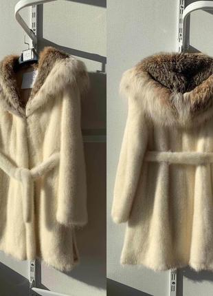 Норковая шуба капюшон рысь цвет pearl