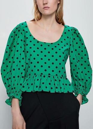 Зелена блуза в горошок блуза з пишним рукавом блуза з баскою топ zara блузка с буффами новая блуза