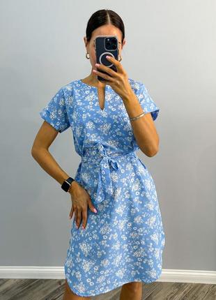 Платье женское цветочное короткое мини легкое летнее на лето базовое черное синее розовое зеленое голубое белое серое повседневное с поясом батал1 фото