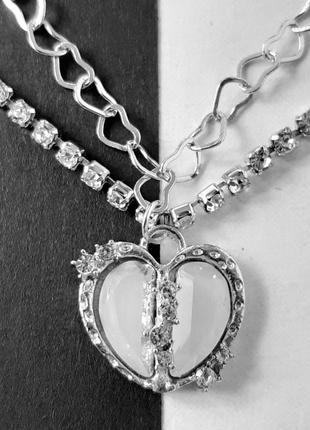 Подвійний ланцюжок зі стразами та кулоном, підвіскою серце (імітація опала) сріблястий ланцюг намисто сердцем чокер срібний білий кулон підвіска опал8 фото