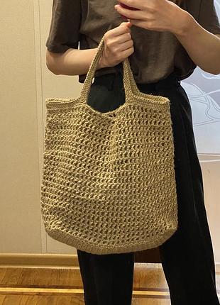 Шоппер из джута, джутовая сумка. вязаная сумка ручной работы.