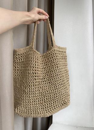 Шоппер из джута, джутовая сумка. вязаная сумка ручной работы.