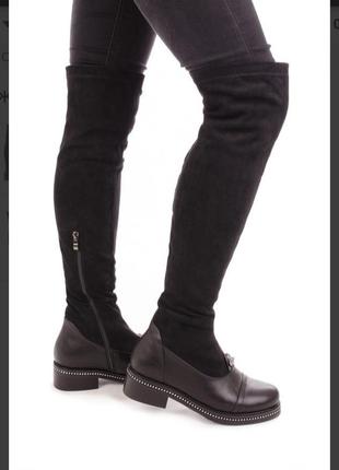 Стильные чёрные замшевые осенние сапоги высокие ботфорты без каблука2 фото