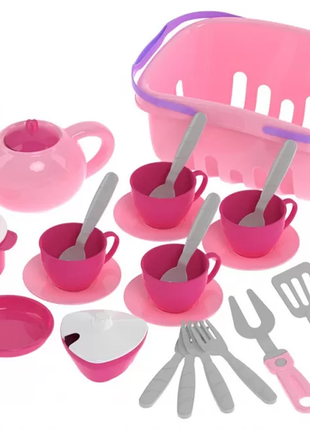 Игрушечный набор детской посуды в корзинке, детская посуда в корзине, кастрюля, чайник, тарелка, чашка, кухонный набор посуды для девочек