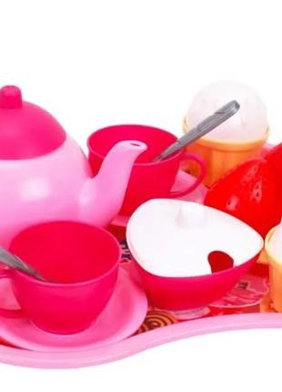 Набор детской посуды на подносе, кухонный набор на подносе, чайный набор, набор сладостей, чайник, тарелка, кексы, фрукты, чашка