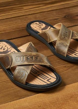 Шлепанцы/шлепки diesel натуральная кожа, шльопанці чоловічі із натуральної шкіри в коричневому кольорі2 фото