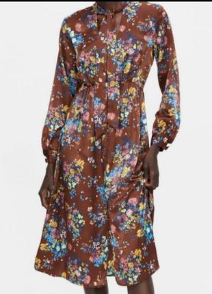 Zara платье миди блуза шелковое атласное бант разрез цветочный принт цветы блуза лёгкое весеннее зара