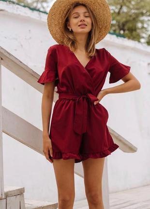 Комбез комбинезон на запах с рюшиками бордо марсал шортами