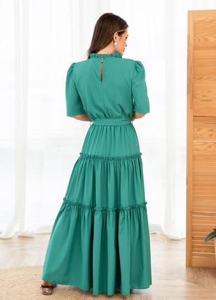 Зеленое длинное платье с рюшами4 фото