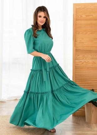 Зеленое длинное платье с рюшами3 фото