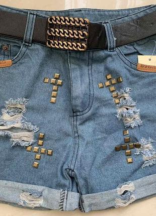 Женские джинсовые шорты с декором в виде заклепок, с поясом, новые3 фото